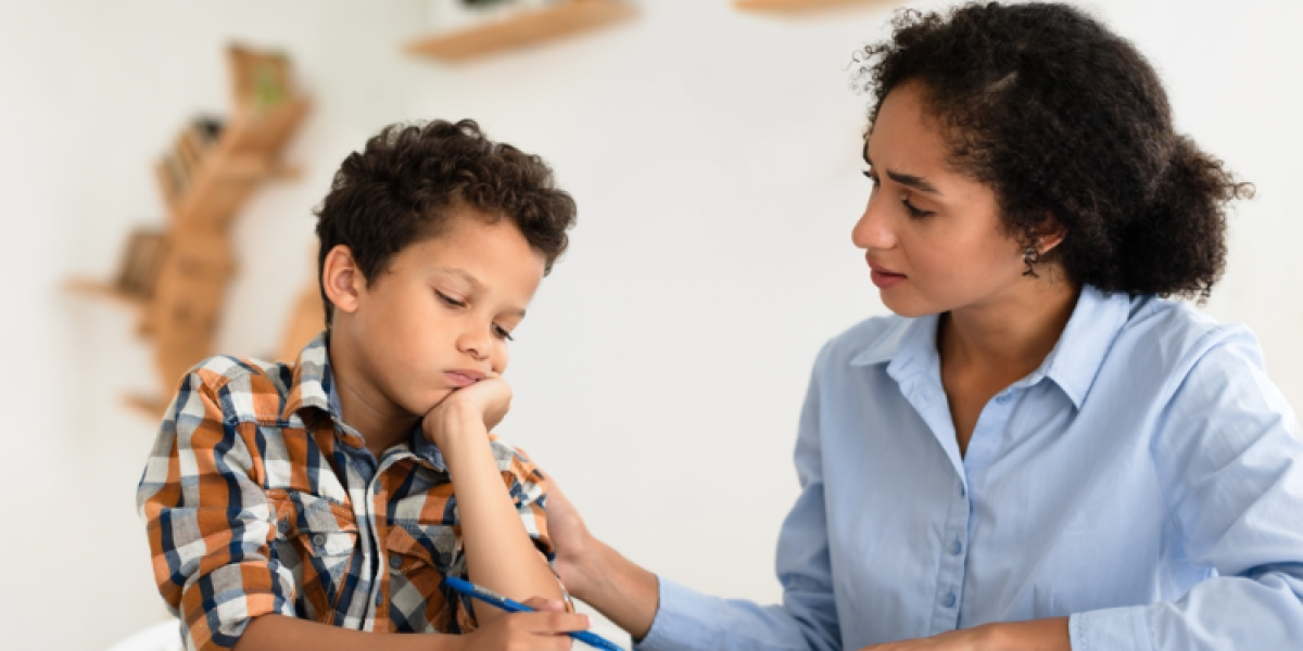 mother and son doing homework
