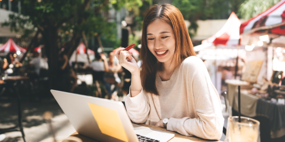happy woman working at cafe