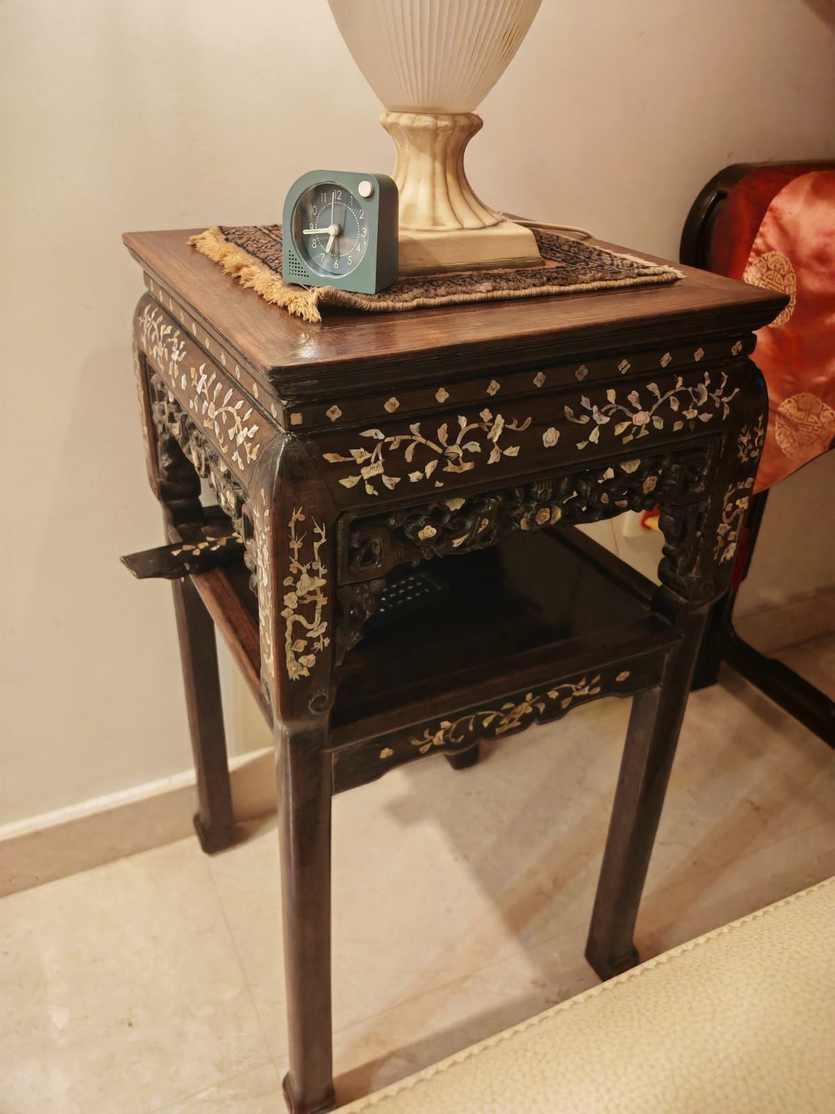 Rose wood peranakan antique side table tall mother of pearl embellished 
