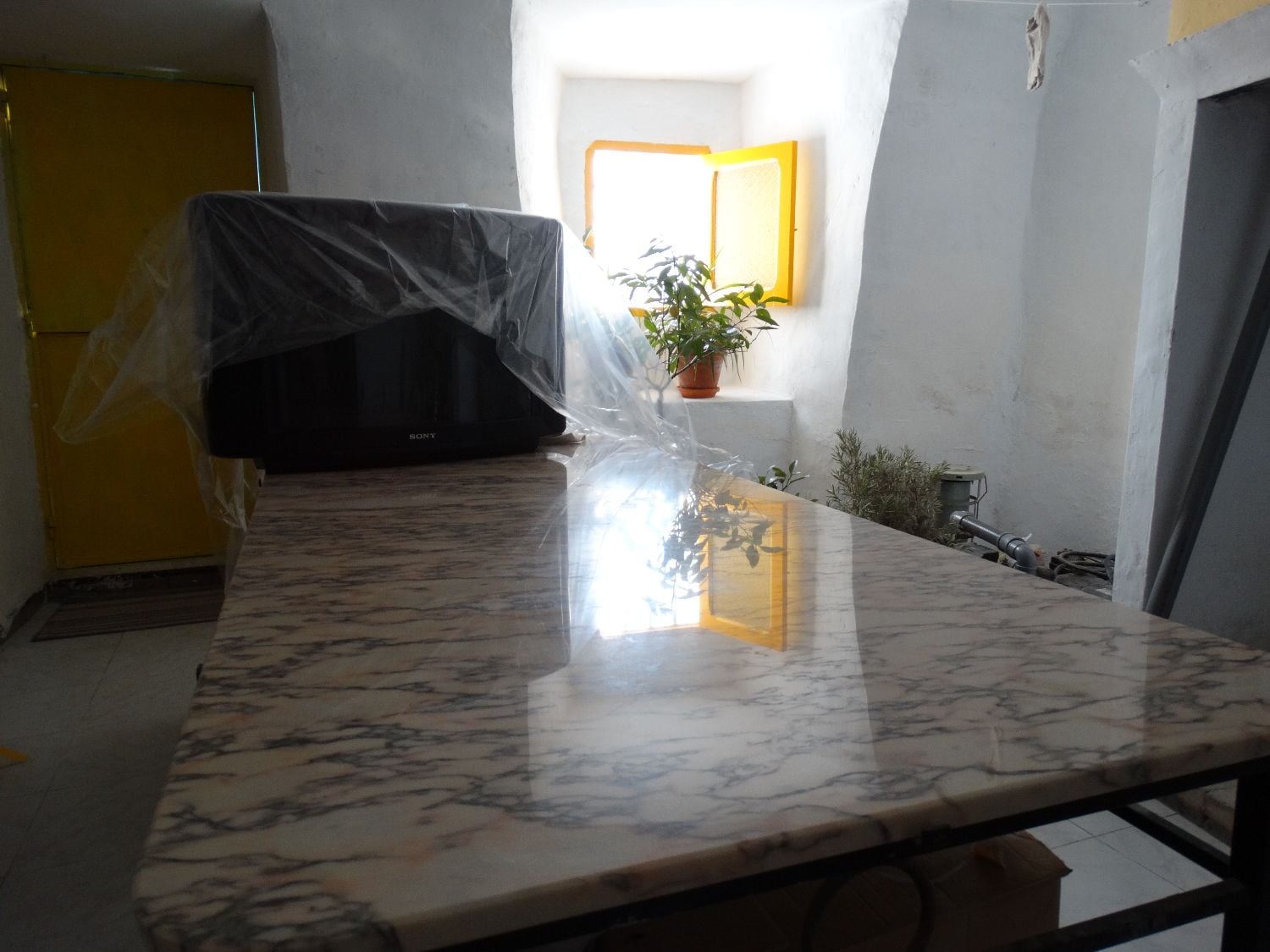 Wrought iron and Long marble table, vintage.