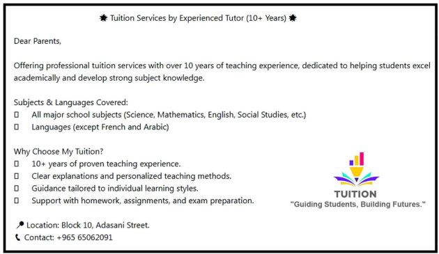 Tuition Services by Experienced Tutor (10+ Years)