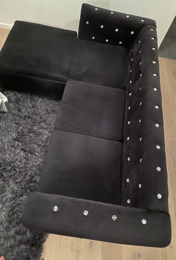 For sale - used l-sofa, black velvet with rhinestones, furniture in