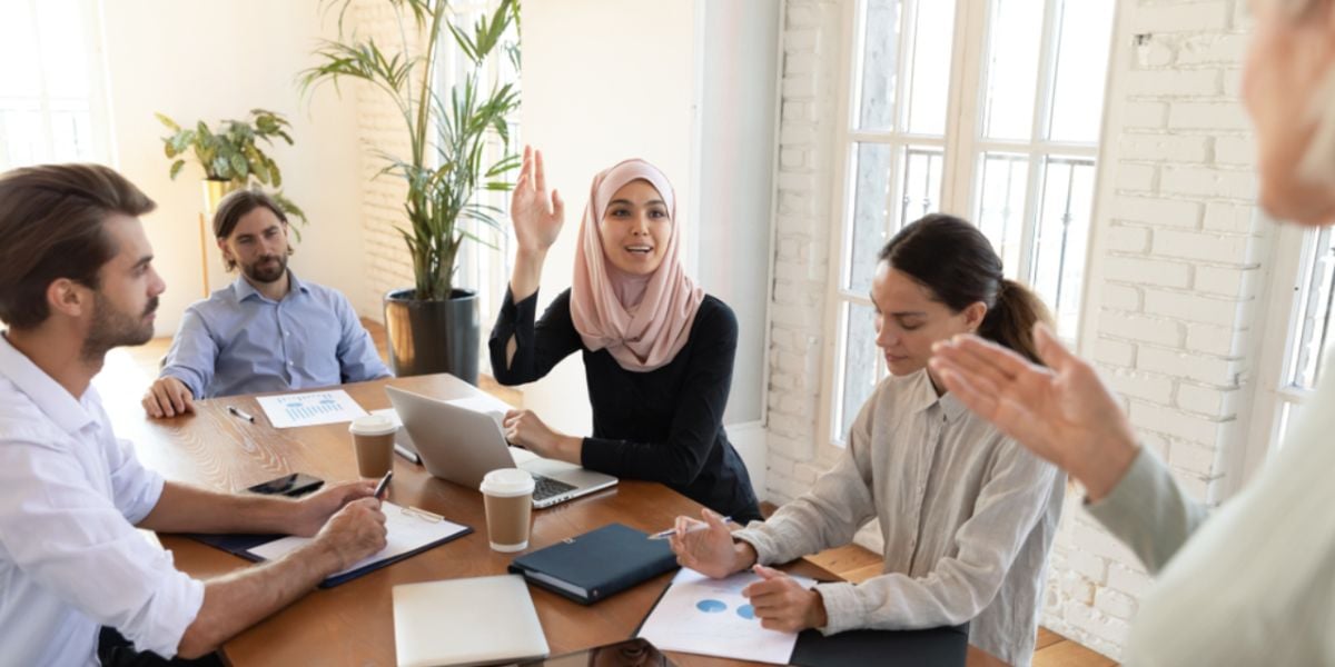 group of employees talking