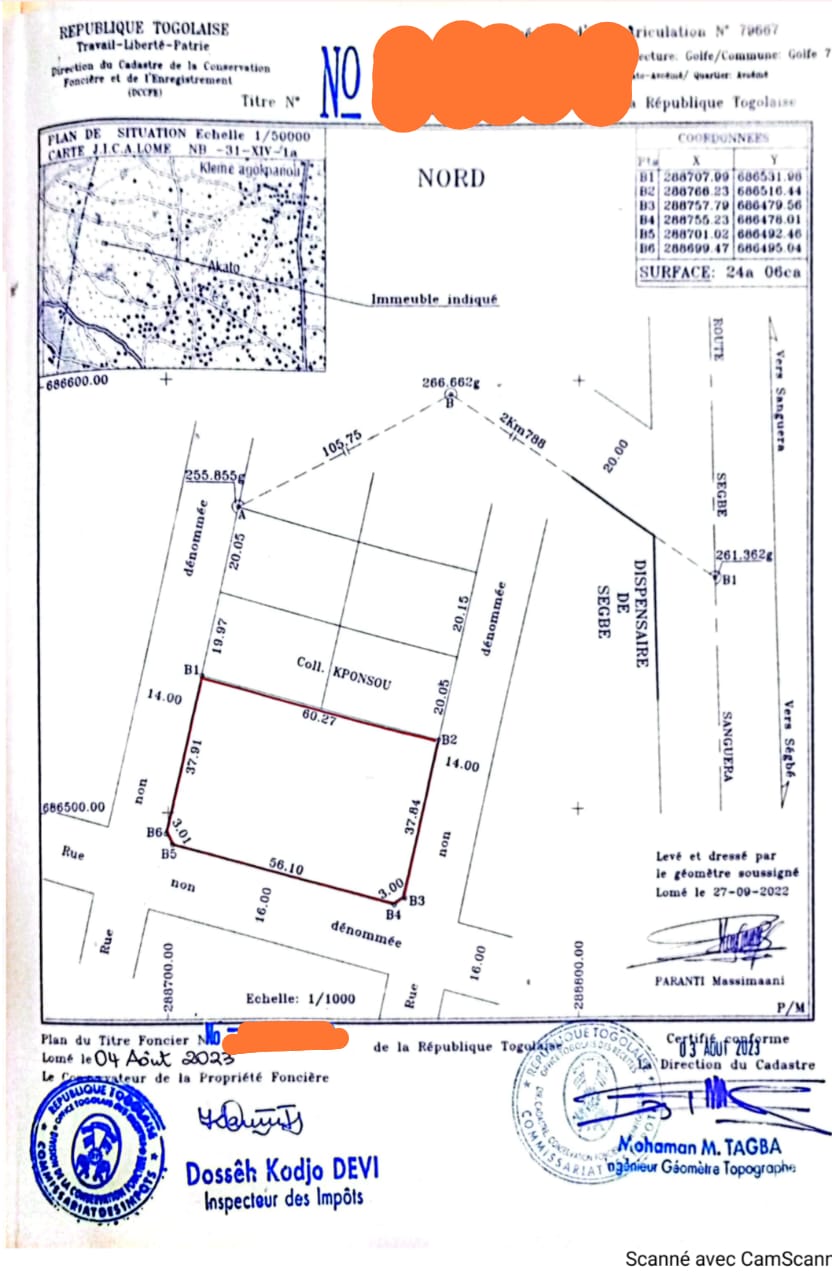 Parcelle solidement clôturée de 04 lots collés avec 02 angles rues à vendre à Adidogomé Ségbé (Lomé)