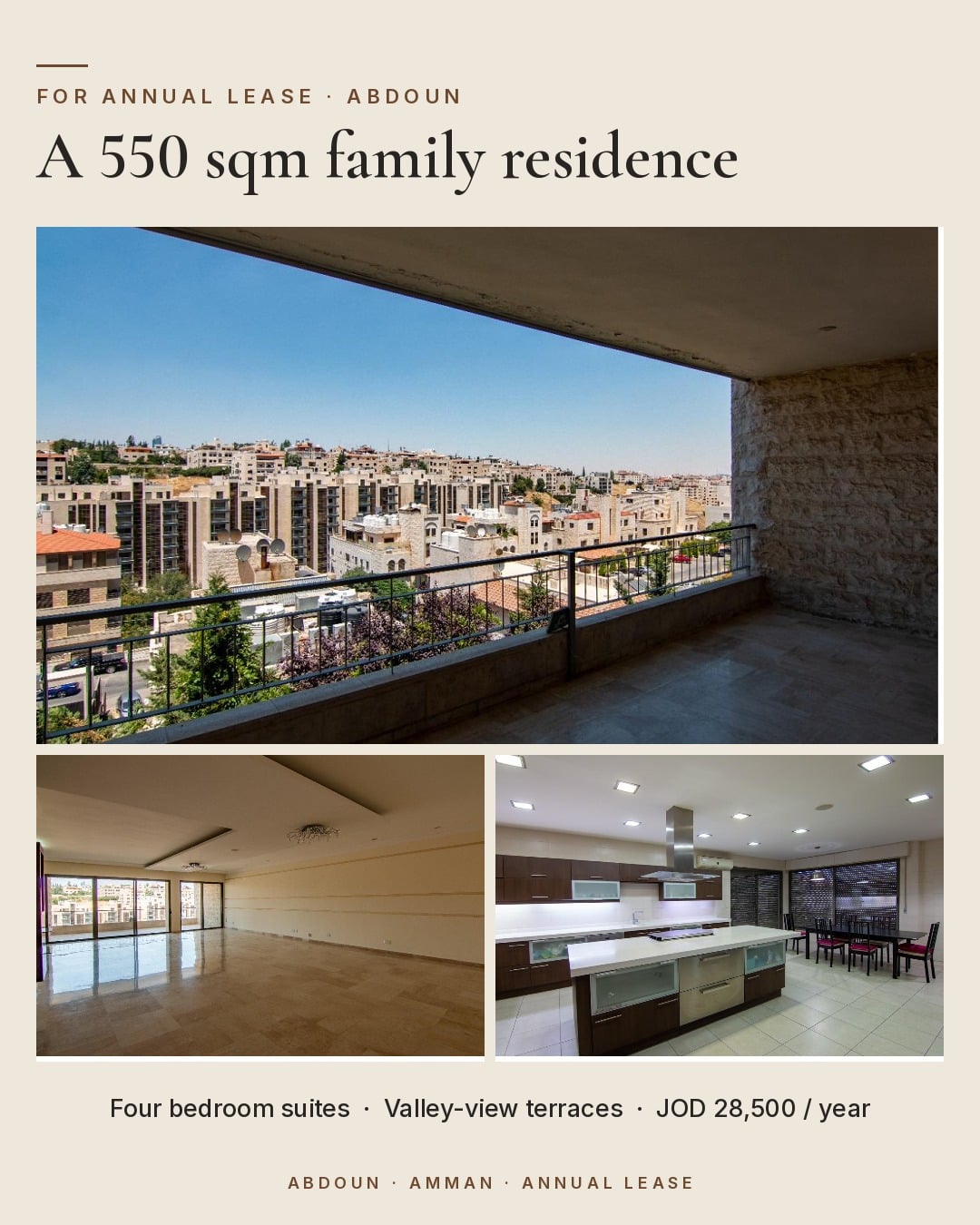 Résidence familiale de 550 m² à Abdoun, Amman, disponible à la location annuelle.